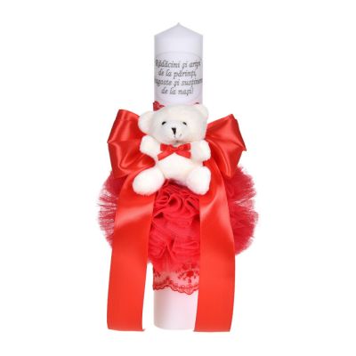 Lumanare botez cu mesaj decor rosu de fetita cu fundita si dantela cu ursulet Denikos® C1042 NKO5720