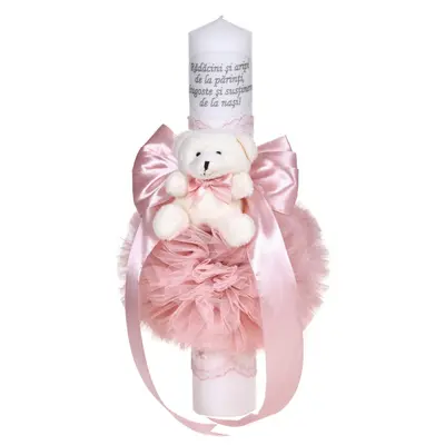 Lumanare botez cu mesaj decor roz pudra pentru fata cu fundita, dantela si ursulet Denikos® C1043 NKO5721