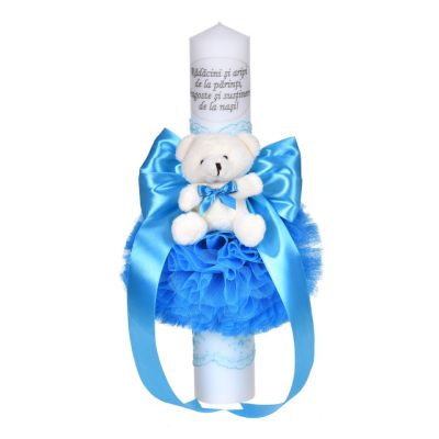 Lumanare botez cu mesaj decor turcoaz Baieti cu fundita, dantela si ursulet Denikos® C1041 NKO5719