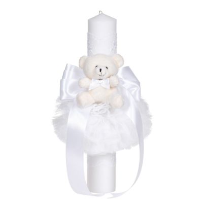 Lumanare botez unisex decor alb, fundita, dantela si ursulet asortate, Denikos® C1051 NKO5729