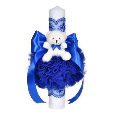 Lumanare botez decor albastru si fundita, dantela si ursulet pentru baietel Denikos® C1053 NKO5731