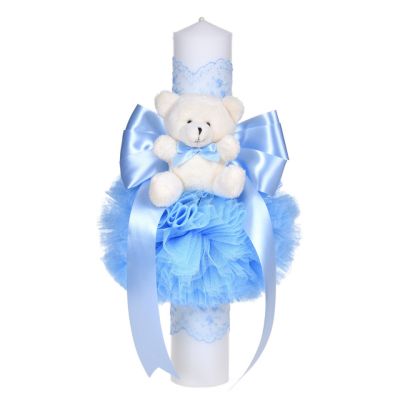 Lumanare botez decor bleu pentru baieti cu fundita, dantela si ursulet asortate, Denikos® C1052 NKO5730