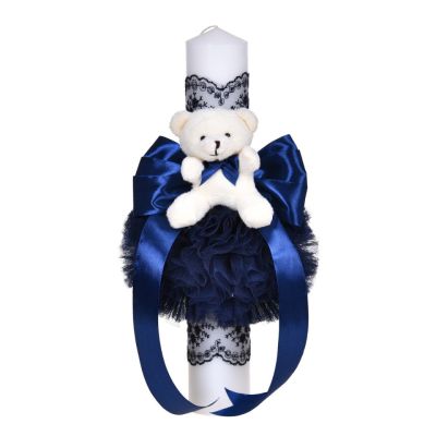 Lumanare botez decor bleumarin baietel cu fundita, dantela si ursulet asortate, Denikos® C1054 NKO5732