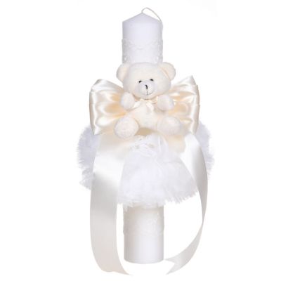 Lumanare botez decor ivoire, cu fundita, dantela si ursulet unisex Denikos® C1050 NKO5728