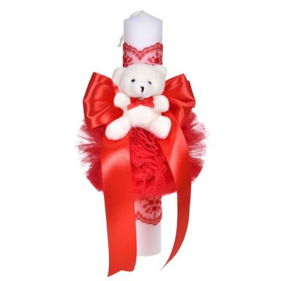 Lumanare botez decor rosu cu fundita si dantela Fetite si ursulet Denikos® C1057 NKO5735