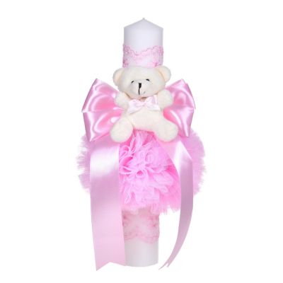 Lumanare botez decor roz pentru fete cu fundita, dantela si ursulet asortate, Denikos® C1055 NKO5733