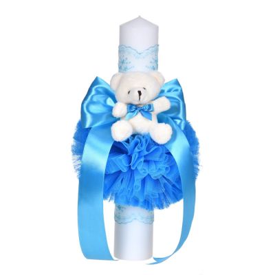 Lumanare botez decor turcoaz Baiat cu fundita si dantela si ursulet asortate Denikos® C1058 NKO5736
