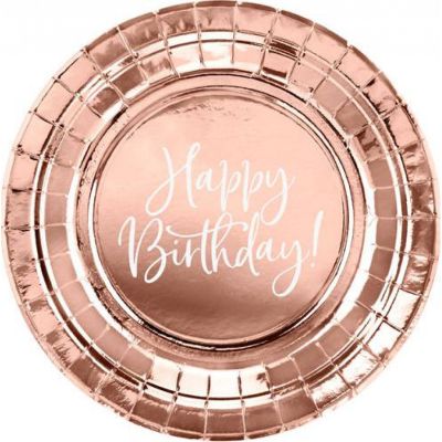 Set 6 farfurii de unica folosinta roz auriu Happy Birthday 18 cm JUBHB-TPP75-019R