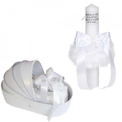 Set lumanare botez cu mesaj si trusou botez in landou Unisex cu dantela Alba Denikos® C1059 NKO5737