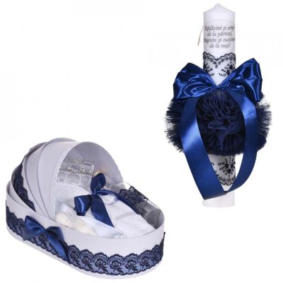 Pachet trusou botez si lumanare cu mesaj in landou Baietel dantela bleumarin ingusta Denikos® C1067 NKO5745
