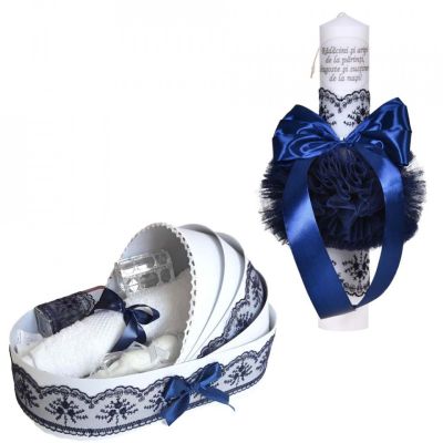 Trusou de botez plus lumanare botez in cutie landou pentru Baiat cu decor dantela bleumarin lata Denikos® C1066 NKO5744