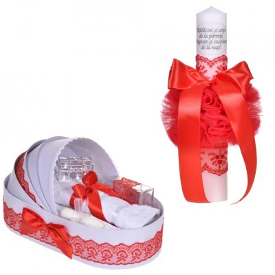 Set lumanare botez cu mesaj si trusou botez in landou de Fetite cu decor rosu Denikos® C1072 NKO5750