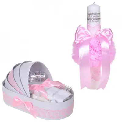 Pachet lumanare botez cu mesaj si trusou botez pentru Fete Denikos&reg; C1068 cu dantela roz ingusta NKO5746