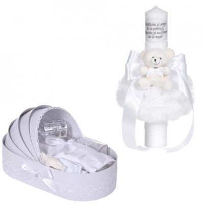 Pachet Unisex lumanare botez cu mesaj si ursulet si trusou botez in landou cu dantela Alba ingusta Denikos® C1076​ - NKO5754