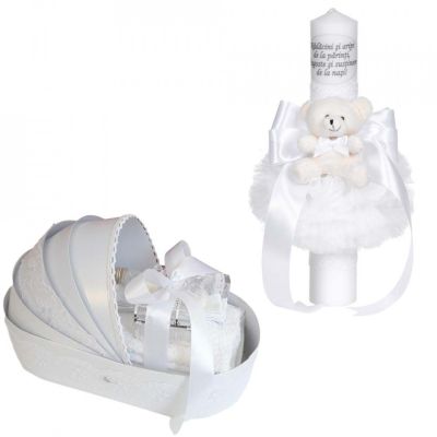 Set lumanare botez cu mesaj si ursulet Denikos® C1077 si trusou botez in landou Unisex cu dantela Alba lata NKO5755