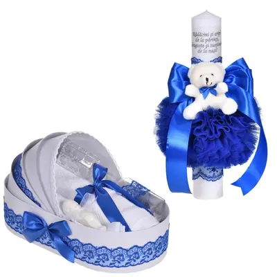 Pachet Trusou botez model landou si lumanare botez cu mesaj pentru Baieti dantela albastra ingusta si ursulet Denikos&reg; C1081 NKO5759