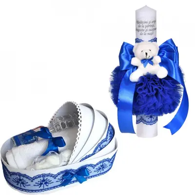 Set lumanare cu mesaj si trusou botez in landou cu ursulet si dantela albastra lata Baiat Denikos&reg; C1082 NKO5760