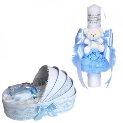 Trusou de botez tip landou plus lumanare de botez cu mesaj pentru Baiat, dantela bleu lata Denikos® C1079 NKO5757