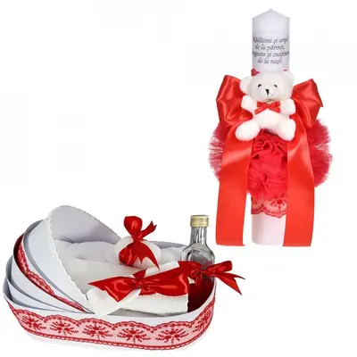 Set lumanare botez cu mesaj si trusou botez in landou pentru Fete Denikos&reg; C1090 dantela rosie lata si ursulet NKO5768