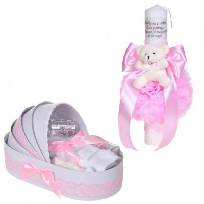 Lumanare botez cu mesaj pentru Fetite plus trusou botez in landou Denikos® C1085 cu dantela roz ingusta si ursulet NKO5763