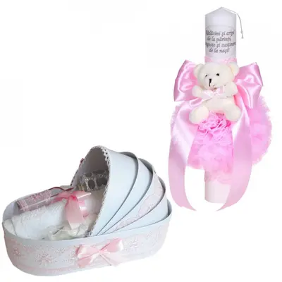 Set lumanare botez cu mesaj si trusou botez in landou cu dantela roz lata pentru Fata Denikos&reg; C1086 NKO5764