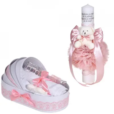 Pachet lumanare botez cu mesaj pentru Fete si trusou botez in landou cu dantela roz pudra ingusta Denikos&reg; C1088 NKO5766