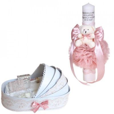 Pachet trusou botez in landou si lumanare botez cu mesaj Fete Denikos® C1087 dantela roz pudra lata NKO5765