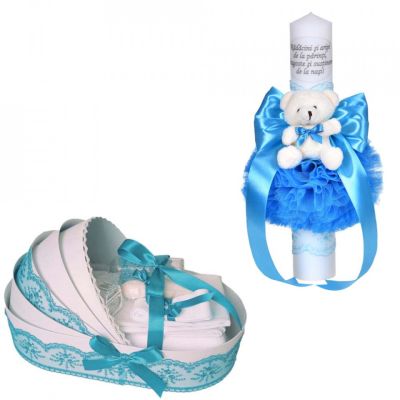 Pachet Trusou de botez Baietel si lumanare botez cu mesaj in landou decor turcoaz Denikos® C1091 NKO5769