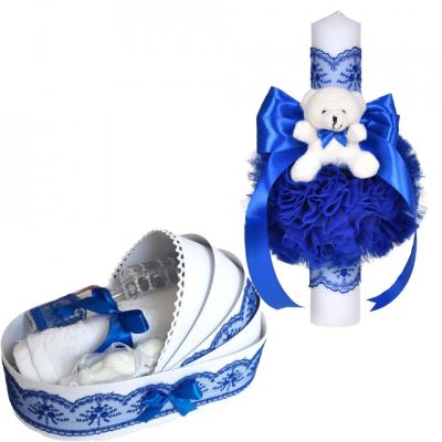Set lumanare botez ursulet si trusou botez landou pentru baieti cu decor dantela albastra lata Denikos® C1101 NKO5779