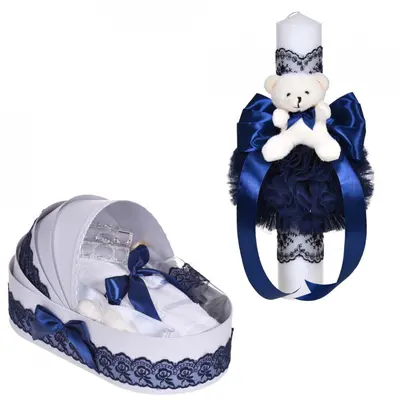 Lumanare botez cu ursulet plus trusou botez landou pentru Baieti cu dantela ingusta bleumarin Denikos&reg; C1103 NKO5781