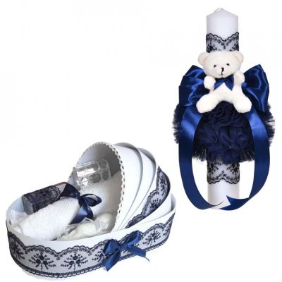 Set trusou de botez si lumanare cu ursulet in landou Denikos® C1102 pentru baieti, dantela bleumarin lata NKO5780