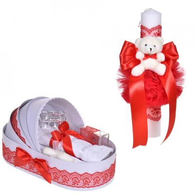 Set lumanare si trusou botez in landou Fetita si decor dantela rosie ingusta cu ursulet Denikos® C1108 NKO5786