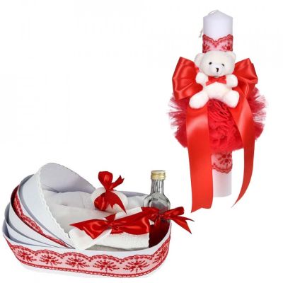 Set lumanare botez pentru fete si trusou botez in landou, decor dantela rosie lata Denikos® C1109 NKO5787