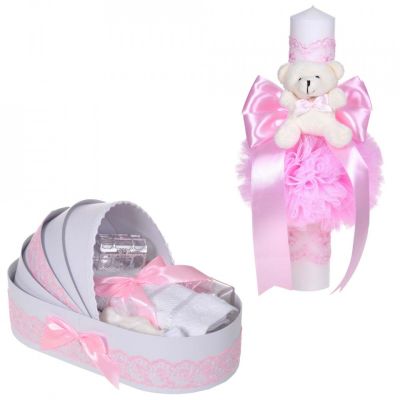 Pachet lumanare botez cu ursulet si trusou botez in landou Denikos® C1104 dantela roz ingusta fetita NKO5782