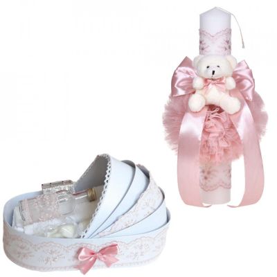 Set lumanare si trusou botez in landou pentru Fete cu dantela lata roz pudra si ursulet Denikos® C1106 NKO5784
