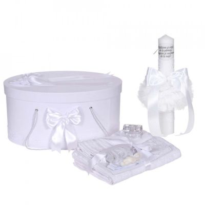 Set Unisex cu trusou botez si lumanare cu mesaj Denikos® C1113 si cutie trusou, decor elegant dantela Alba  NKO5791