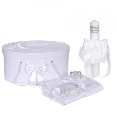Set Unisex cu trusou botez si lumanare cu mesaj Denikos&reg; C1113 si cutie trusou, decor elegant dantela Alba  NKO5791