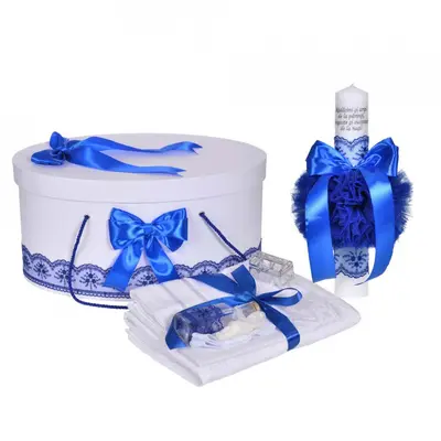 Pachet trusou botez Baietel cu lumanare cu mesaj si cutie trusou cu dantela Albastra Denikos&reg; C1116 NKO5794