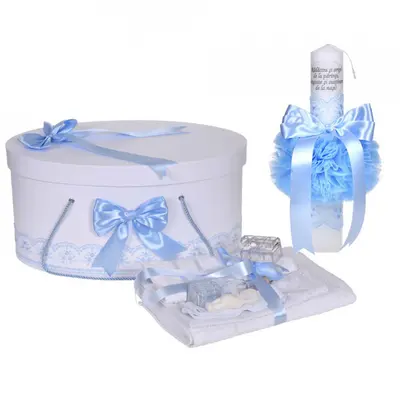 Set cu trusou botez Baieti si lumanare cu mesaj Denikos&reg; C1115 si cutie trusou cu dantela Bleu NKO5793