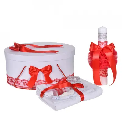 Pachet trusou botez si lumanare cu mesaj Fetite si cutie trusou botez cu dantela Rosie Denikos&reg; C1120 NKO5798