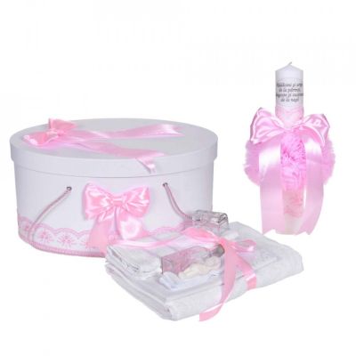 Pachet lumanare cu mesaj si trusou botez Denikos® C1118 si cutie trusou Fetite cu decor Roz NKO5796