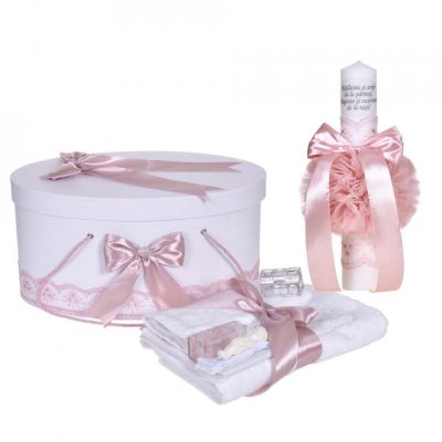 Set trusou botez pentru fetita si lumanare cu mesaj si cutie trusou Denikos C1119  decor Roz prafuit - NKO5797