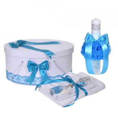 Set trusou de botez si lumanare cu mesaj Baiat si cutie trusou Denikos 1121 dantela Turcoaz - NKO5799