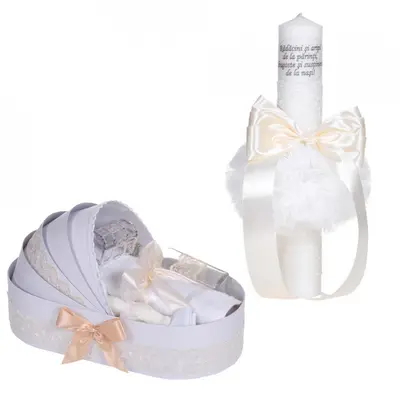 Pachet lumanare cu mesaj si trusou botez design landou Unisex cu dantela ivory ingusta Denikos® C1112 NKO5790