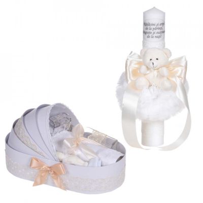 Pachet lumanare botez cu mesaj si trusou botez model landou cu dantela crem ingusta Unisex Denikos® C1111 NKO5789