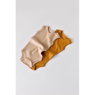 Set de 2 body-uri fara maneci din bumbac organic si modal - Mustar/Somon (Marime: 3-6 Luni) JEMBC-CSYM11104-3