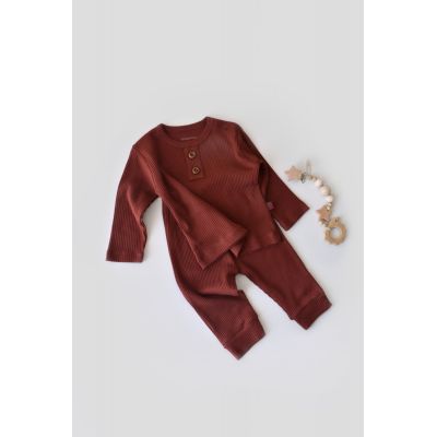 Set bluzita cu maneca lunga si panataloni lungi din bumbac organic si modal - Caramiziu (Marime: 12-18 Luni) JEMBC-CSYM11501-12