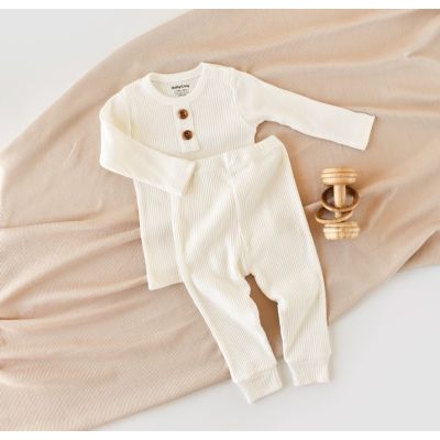 Set bluzita cu maneca lunga si panataloni lungi din bumbac organic si modal - Ecru (Marime: 12-18 Luni) JEMBC-CSYM11510-12