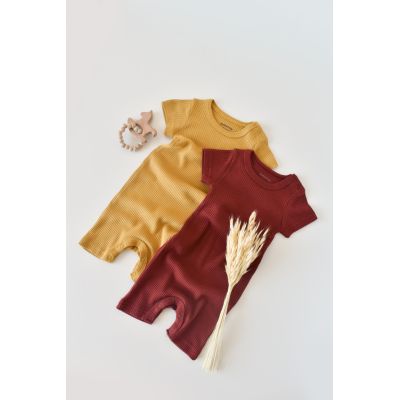 Set de 2 salopetele cu maneca scurta din bumbac organic si modal - Caramiziu/ Sofran (Marime: 3-6 Luni) JEMBC-CSYM11405-3