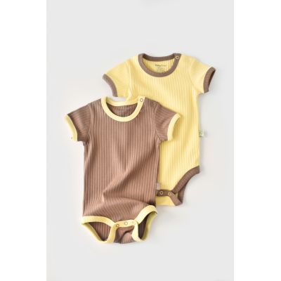 Set 2 body-uri Ribana Bebe Unisex din bumbac organic si 5%elastan - Vanilie/Maro (Marime: 9-12 luni) JEMBC-CSYR4203-9